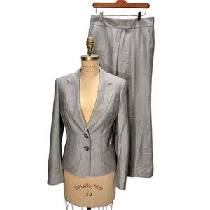 ESCADA Gray Virgin Wool Silk Tuxedo Pant Suit Silver sheen NWOT Luxury jacket